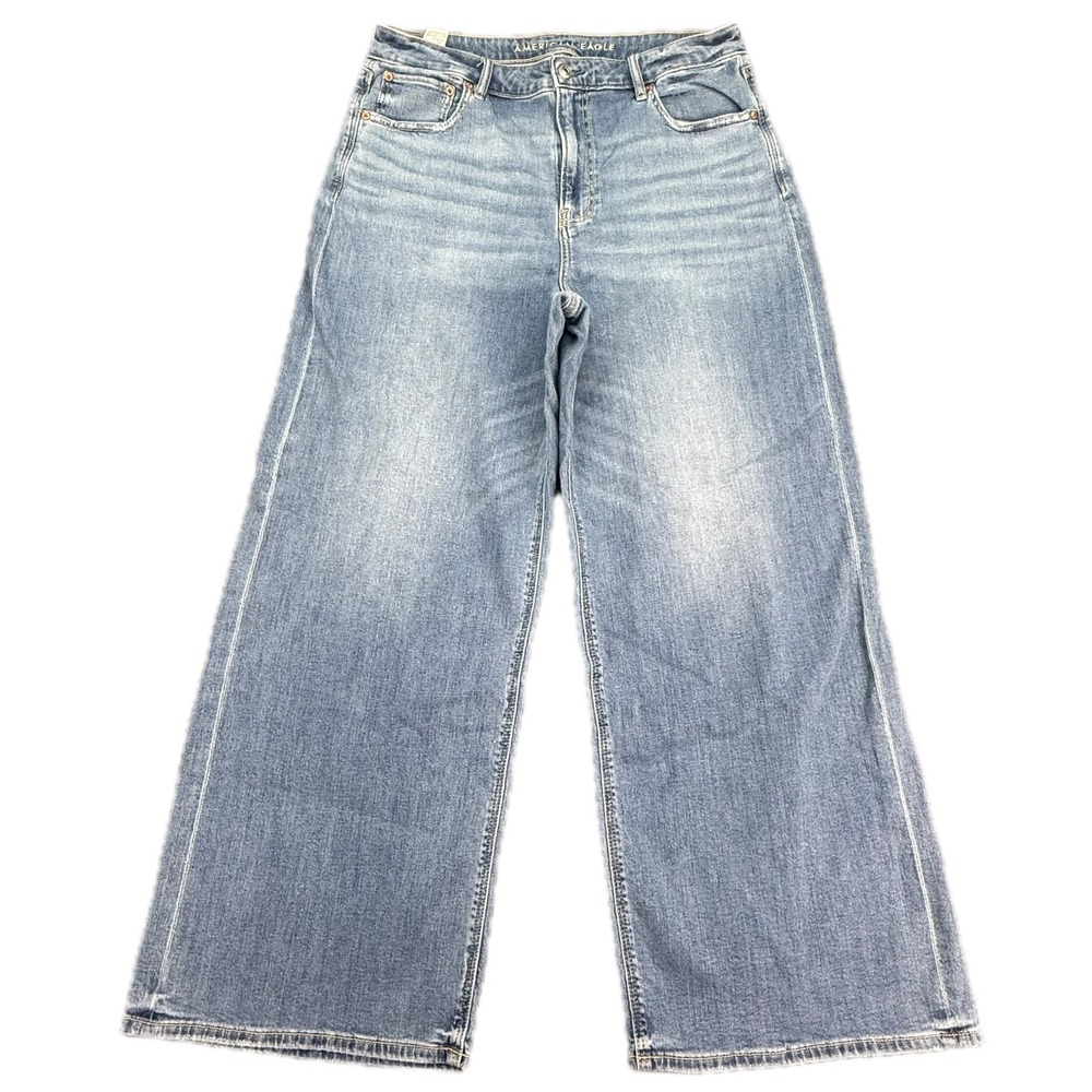 American Eagle Baggy Wide Leg Jeans Womens 14 Blue Super High Rise Stretch
